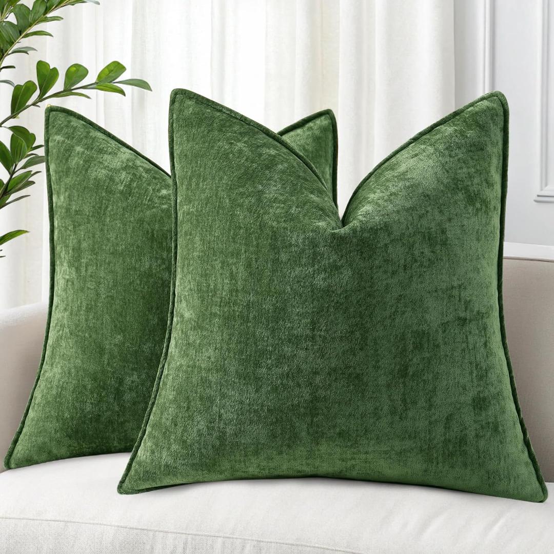 decorUhome Summer Couch Euro Sham Throw Pillow Covers 22x22 Set of 2, Decorative Soft Velvet Modern Cozy Chenille Pillow Cases with Elegant Design for Sofa Bed Living Room Home Decor, Moss Green