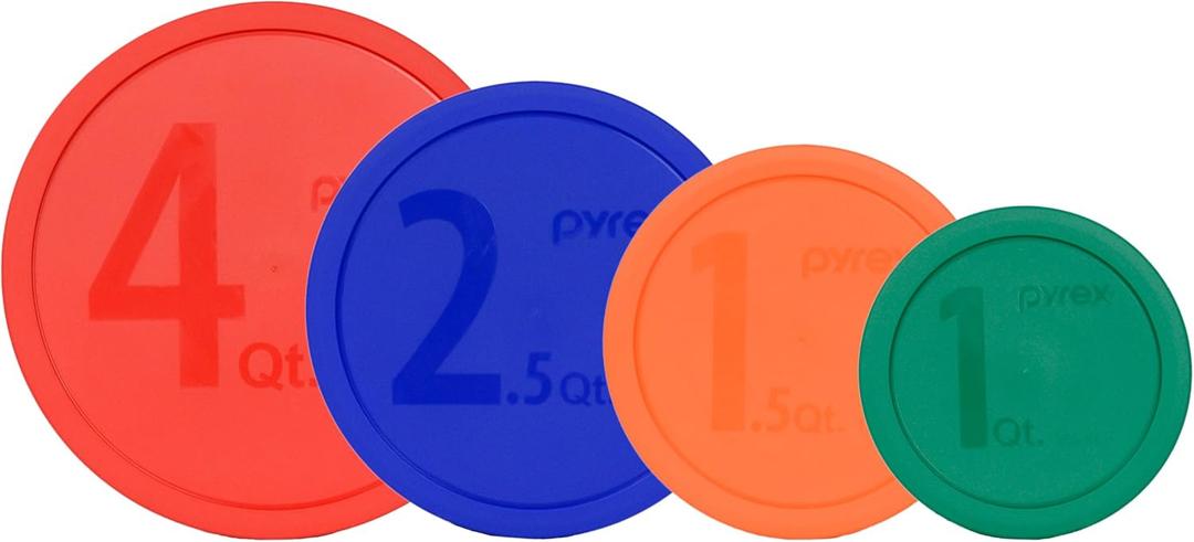 Pyrex (1) 322-PC Green, (1) 323-PC Orange, (1) 325-PC Blue, and (1) 326-PC Red Mixing Bowl Lids (FOR PYREX MIXING BOWLS ONLY) - Made in the USA