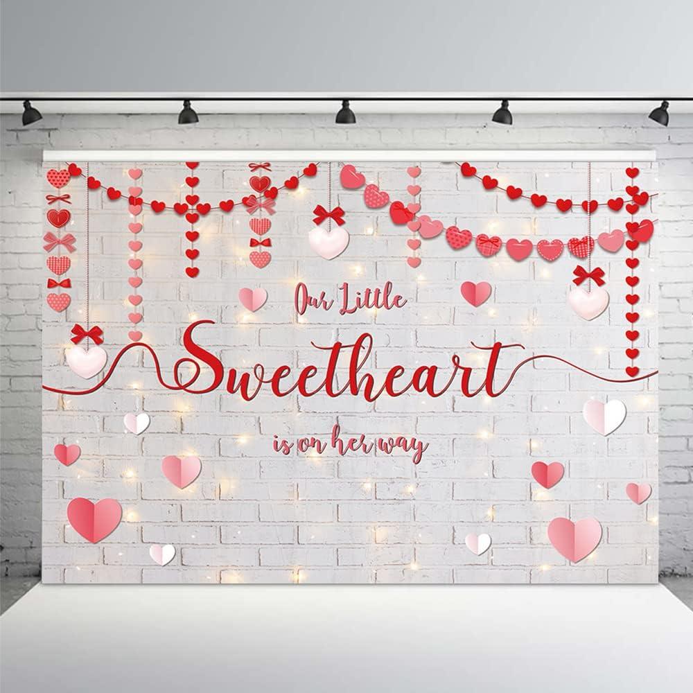 MEHOFOND Valentine's Day Baby Shower Backdrop for Girls A Little Sweetheart is On Her Way Baby Shower Decorations for Girls Brick Wall Pink Red Heart Photography Background Photo Shoot Props 7x5ft