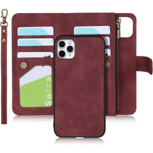 iCoverCase for iPhone 11 Pro Max Wallet Case with Card Holder and Wrist Strap, PU Leather Kickstand Card Slots Zipper Pocket Magnetic [Detachable] Flip Cover Case 6.5 Inch (Claret)