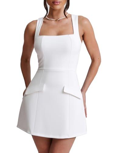 BORIFLORS Women's Sexy Bodycon Corset Mini A Line Dresses Sleeveless Square Neck Party Short Dress, Small, White