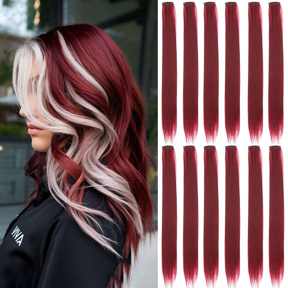 12 Pcs Burgundy hair extensions 22 Inch Straight colored hair colorful clip in extensions Highlight Party for Kids Girls and Women Gift (Burgundy,37)
