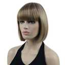Lydell 8" Straight Short Bob Hair Flat Bangs Cute Central Dot Skin Top Heat Resistant Synthetic Wigs (14-24 Lt Golden Brown)
