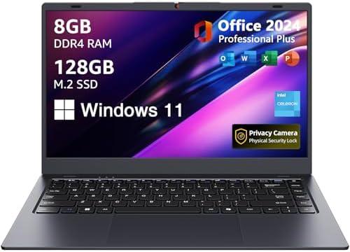RIANIFEL Laptop Computer with MS Office 2024, 14.1 inch HD Display, 8GB RAM/128GB SSD, N5095 Quad Core Processor Notebook PC, Support 2.4G/5G Hz WiFi, BT