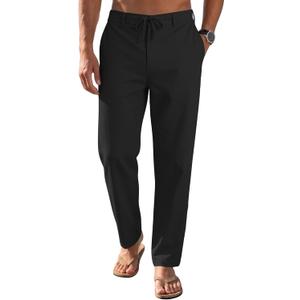 Mens Linenl Pants Casual Loose Straight Elastic Suit Waist Drawstring Trousers Lightweight Beach Vacation Pants (Black, L)