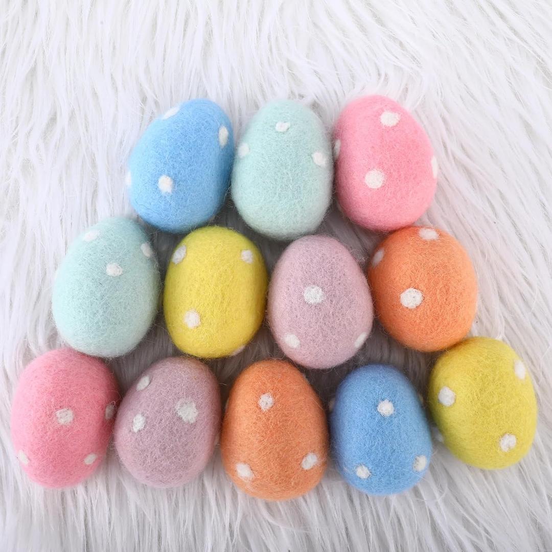 VitalCozy 12 Pcs Colorful Felted Easter Eggs with Polka Dots Pastel Felted Eggs Surprise Easter Eggs Hanging Ornaments for Easter Basket Stuffers Spring Party Decor Garland Crafts, 2.4 in Tall