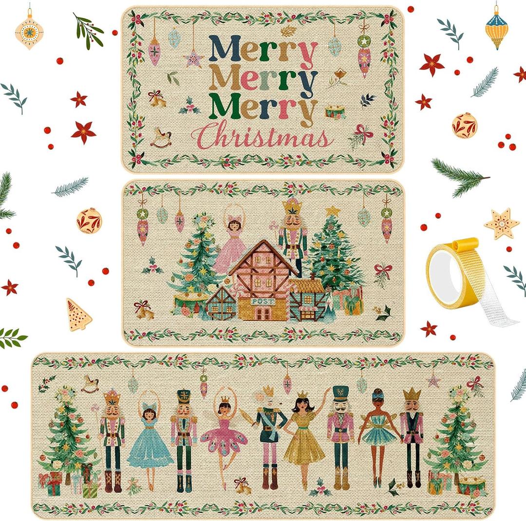 3 Pcs Christmas Nutcracker Kitchen Mat Washable Kitchen Rug Non Slip Doormat Waterproof Kitchen Rugs and Mats Farmhouse Holiday Kitchen Decor for Home Floor Office Bathroom Party Rustic Decor (Beige)