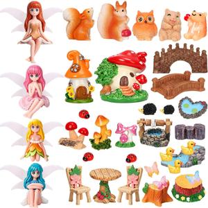 40Pcs Fairy Garden Accessories Miniature Garden Ornaments Kit with Mini Animal Plant Fairies Furniture House Figures Bulk for Micro Landscape DIY Terrarium Potted Plants Dollhouse Decor