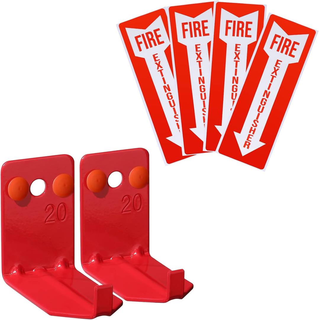 2 Pack Fire Extinguisher Holder and 4 Pieces Fire Extinguisher Sign Sticker, 20lb Fire Extinguisher Wall Hook Mount Bracket for Big and Small Fire Extinguishers, Indoors and Outdoors
