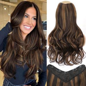 ALXNAN Long Wavy Hair Extensions for Women, Clip in Hair Extensions Clip Ins Soft Full Head Synthetic Hairpieces 20 Inch Balayage Dark Brown to Chestnut Brown