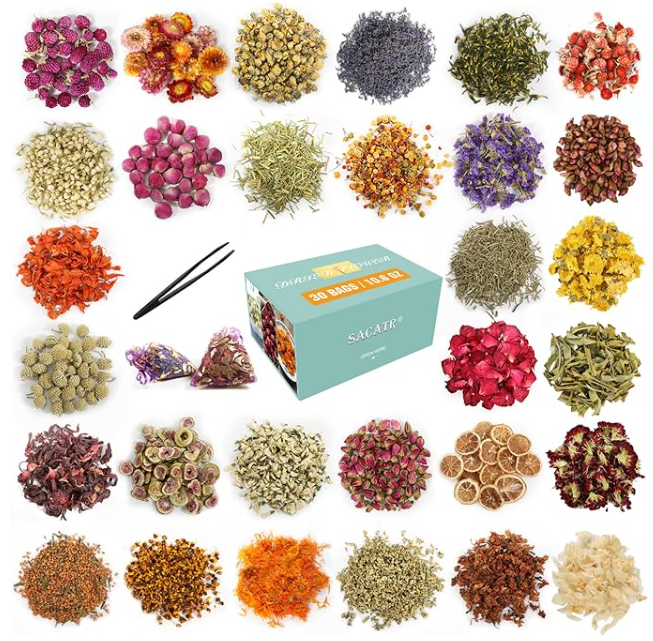 30 Bags Dried Flowers,100% Natural Dried Flowers Herbs Kit for Soap Making, DIY Candle Making,Bath - Include Rose Petals,Lavender,Don't Forget Me,Lilium,Jasmine,Rosebudsand More