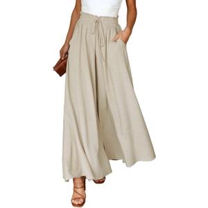 Dokotoo Pants for Women Casual Elastic Waist Wide Leg Pants with Pockets (Beige, M)