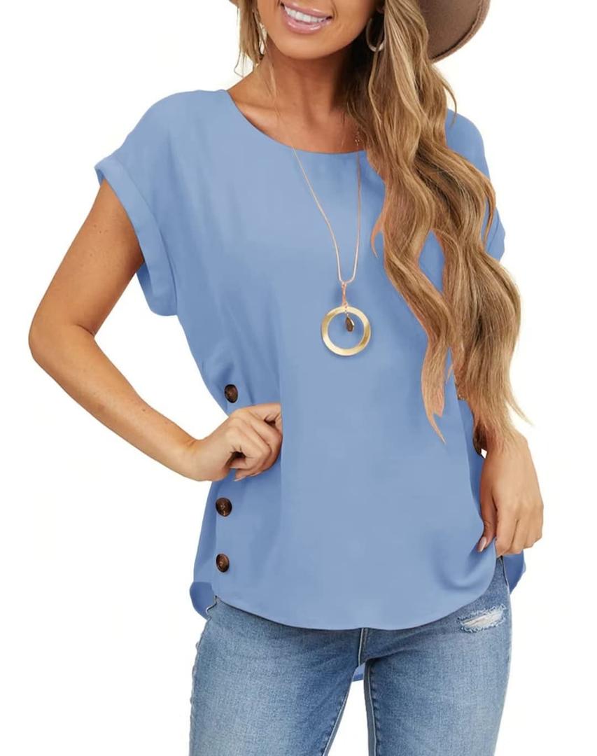 Limerose Women's Short Sleeve Tops Crew Neck Side Button Shirts Casual Loose Fit T-Shirt Light Blue (S)