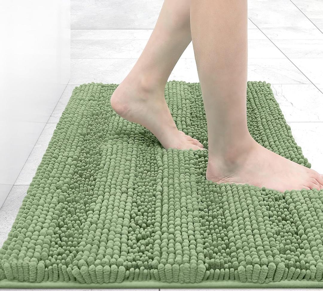 Grandaily Chenille Striped Bathroom Rugs 24x16, Extra Thick and Absorbent Bath Rugs, Non-Slip Soft Plush Shaggy Bath Carpet, Machine Wash Dry, Bath Mats for Bathroom, Sage Green (24" x 16")
