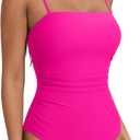 SUUKSESS Women Sexy One Piece Swimsuit Tummy Control Square Neck Bathing Suit (Pink, S)