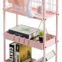 danpinera Slim Storage Cart, 3 Tier Metal Slim Rolling Cart with Handle, Hooks and Hanging Cups, Narrow Kitchen Carts with Wheels for Bathroom, Kitchen, Laundry Room, Office, Small Spaces, Pink