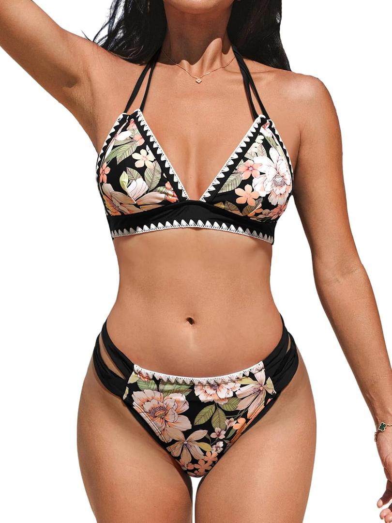 CUPSHE Women's Bikini Sets Two Piece Swimsuit Halter V Neck Back Hook Cutout Stitching Cheeky Bottom,Black/Pink Floral, Medium