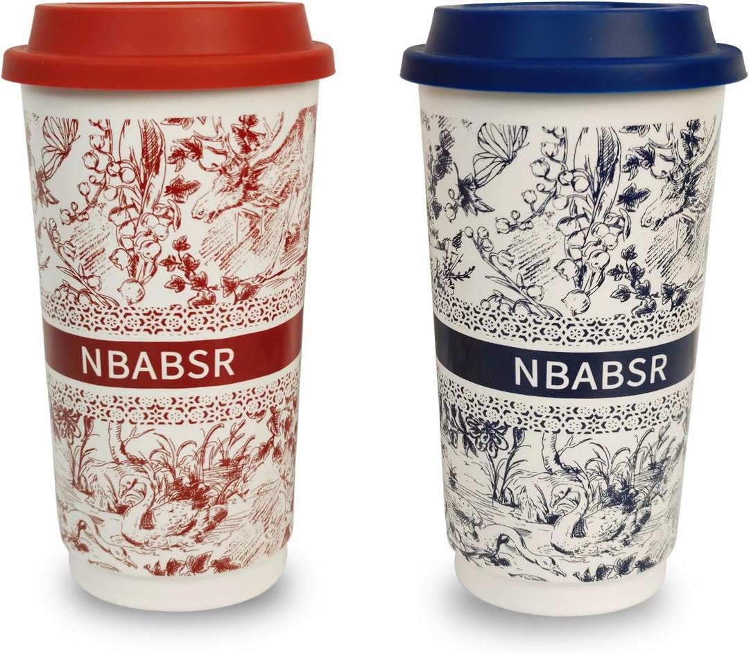 20 OZ Ceramic Coffee Mugs with Lid, Large Ceramic Travel Tumble Cups, To Go Mug Car Portable Reusable Insulation Camping Cups Gifts,Blue&Red