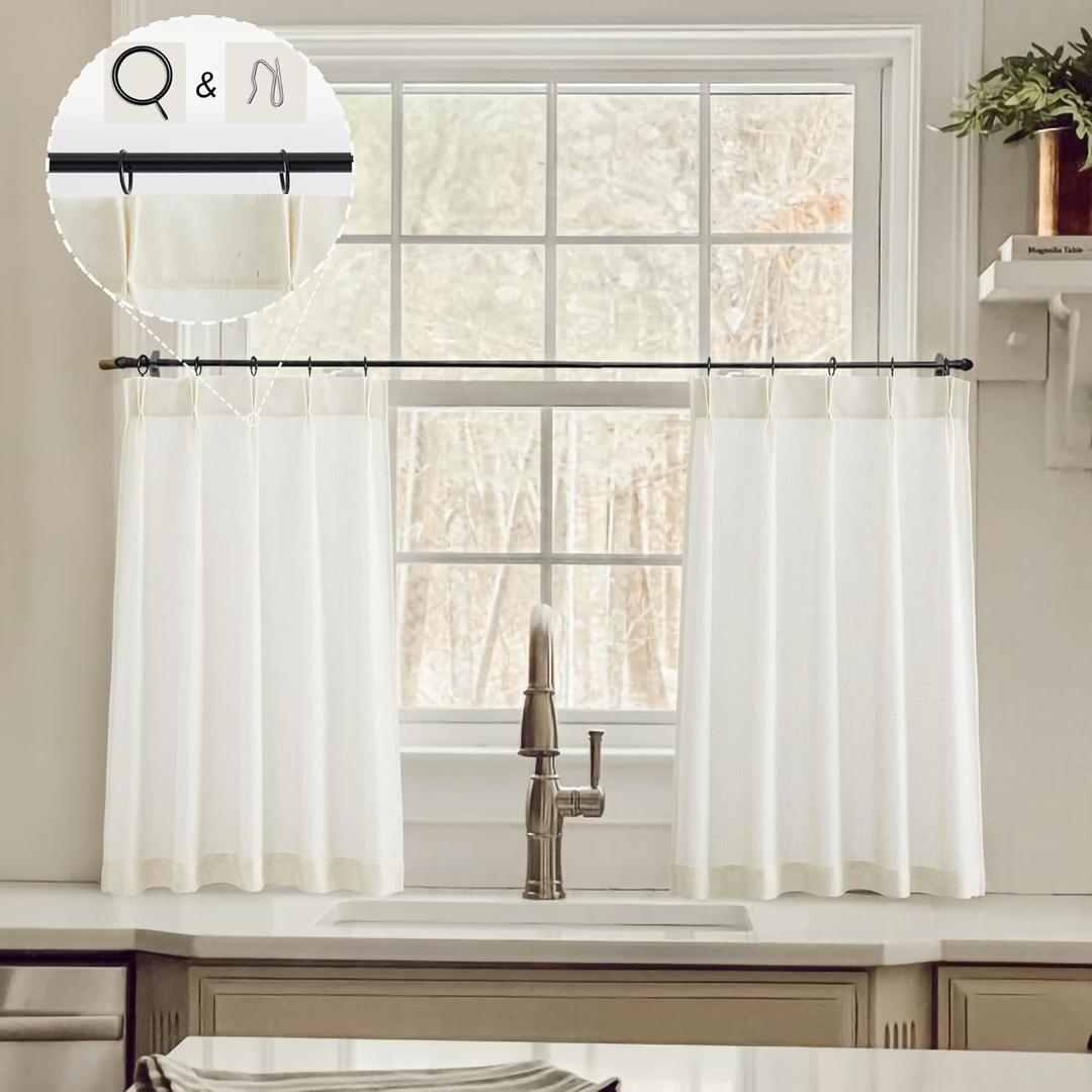 Natural Linen Kitchen Curtains 28 inch Length Pinch Pleat Cafe Curtains (24"W x 28"L (Pack of 2))