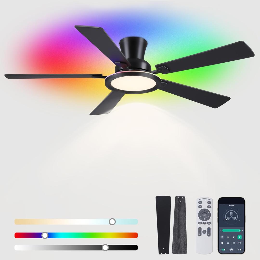 Ayaoty Ceiling Fans with Lights - 52in Flush Mount Ceiling Fan with RGB Dimmable, 3CCT 6 Wind Speeds and Reversible Quiet Motor, Low Profile RGB Fan Light for Modern Indoor, Party - Black RGB
