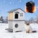 Outdoor Cat House with Insulated Liner, Weatherproof for Feral Multi Cat, 2 Story Plastic Elevated Cat Shelter with Escape Door, Scratching Post, Stainless Steel Bowl, Grey 21.5" D x 21" W x 34" H