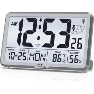 WallarGe Atomic Wall Clock with Backlight, Digital Wall Clock Battery Operated for Classroom, Bedroom, Office, Large Display with Indoor Temperature, Humidity, Date, AUTO DST, 6 Time Zones (Silver)