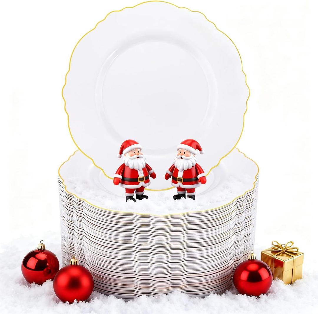 WDF 60pcs Gold Plastic Dinner Plates -10.25inch Baroque White and Gold Plates Fancy Heavy Duty Plastic Plates for Upscale Christmas & Wedding & Birthday