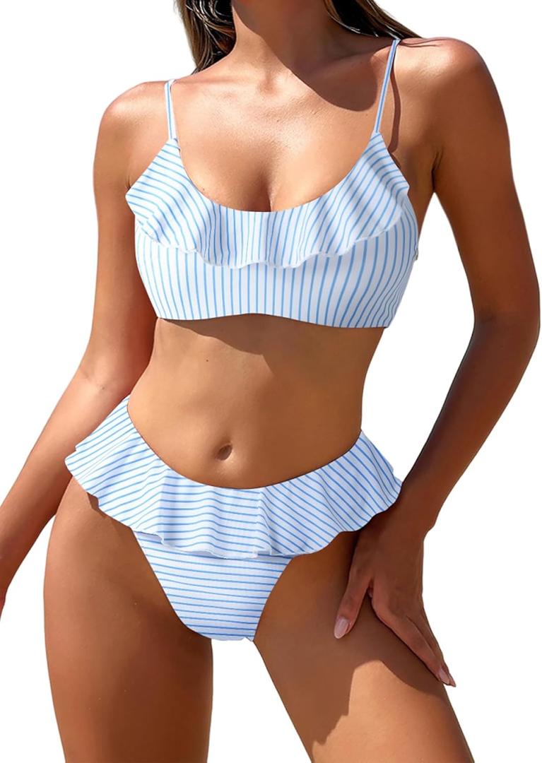 ZAFUL Ruffle Bikinis for Women Scoop Neck Swimsuits Lace Up Bikini Sets Padded Swimwear High Cut 2 Piece Bathing Suits (Small, Pattern:stripe Blue)