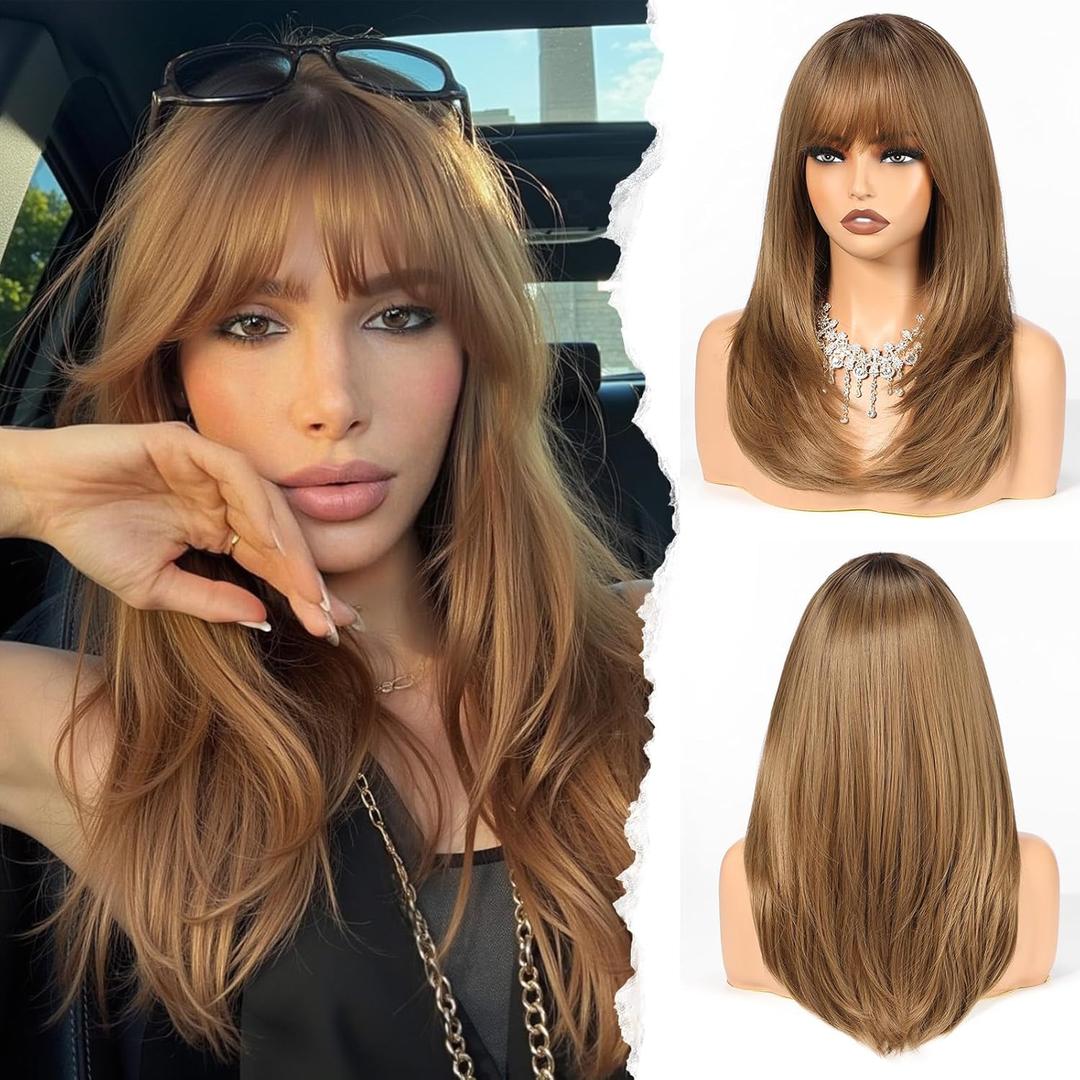 HAIRCUBE Layered Light Brown Medium Long Straight Synthetic Wigs for Women with Bangs Heat Resistant Natural Look for Daily Use