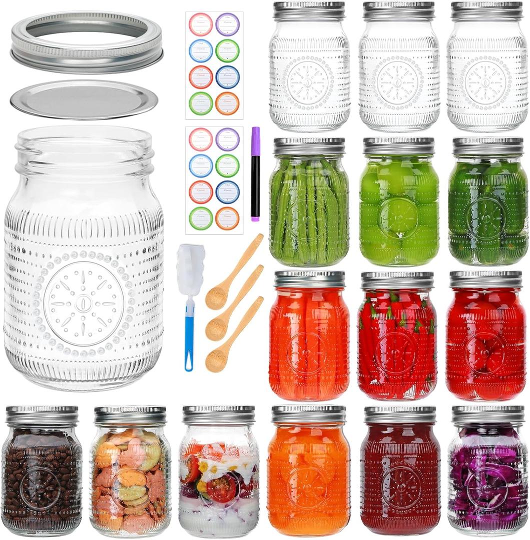 Encheng 16 Pack Regular Mouth Mason Jars 16 oz with Lids, Pint Canning Jars with Metal Lids and Bands, Vintage Glass Mason Jar for Centerpieces, Preserving, Fermenting, Jelly, Jam, Candy, DIY Crafts