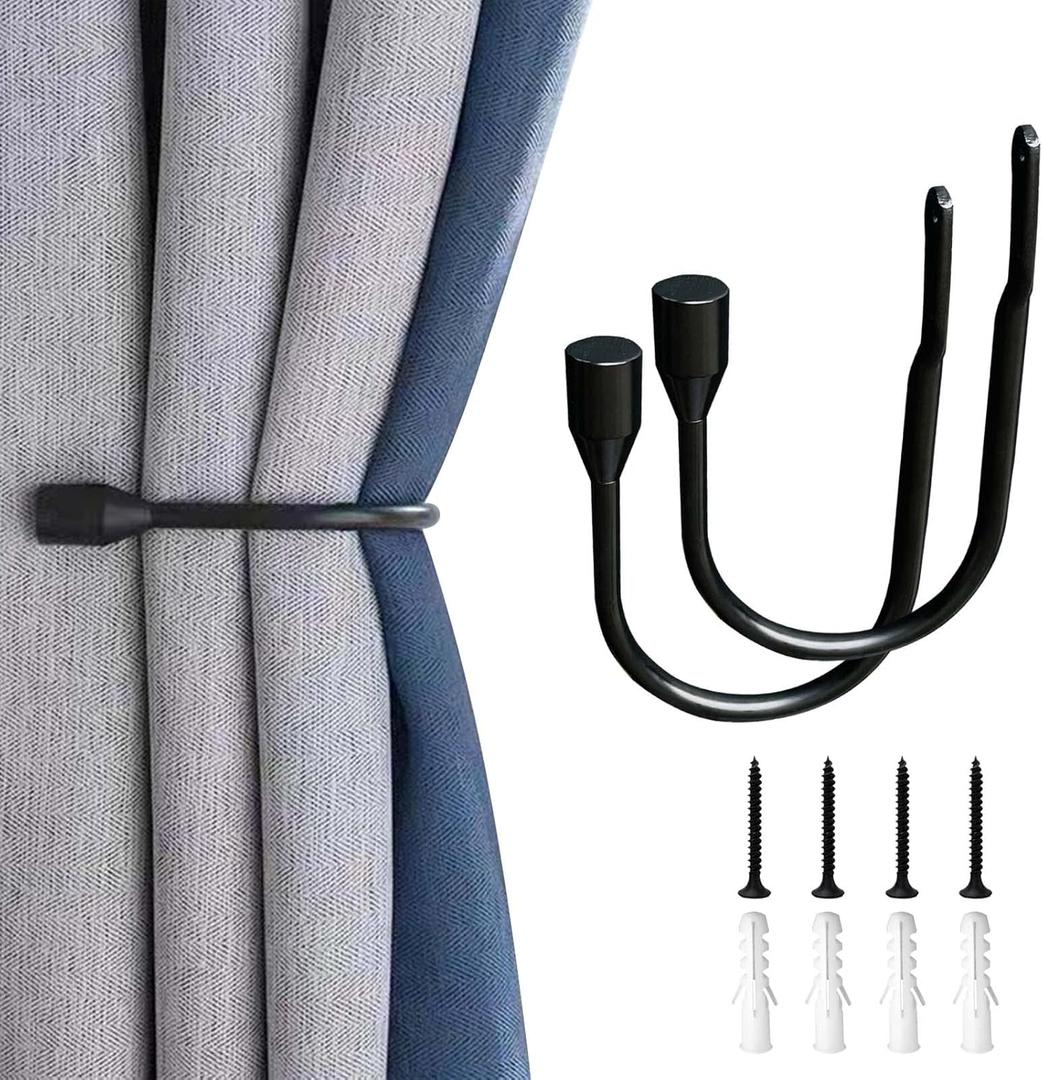 Metal Curtain Holdbacks, 2PCS U Shaped Wall Mounted Hook for Home Decor, Decorative Curtain Tieback Curtain Drapery Tiebacks Hooks Curtain Hooks for Wall (Black)