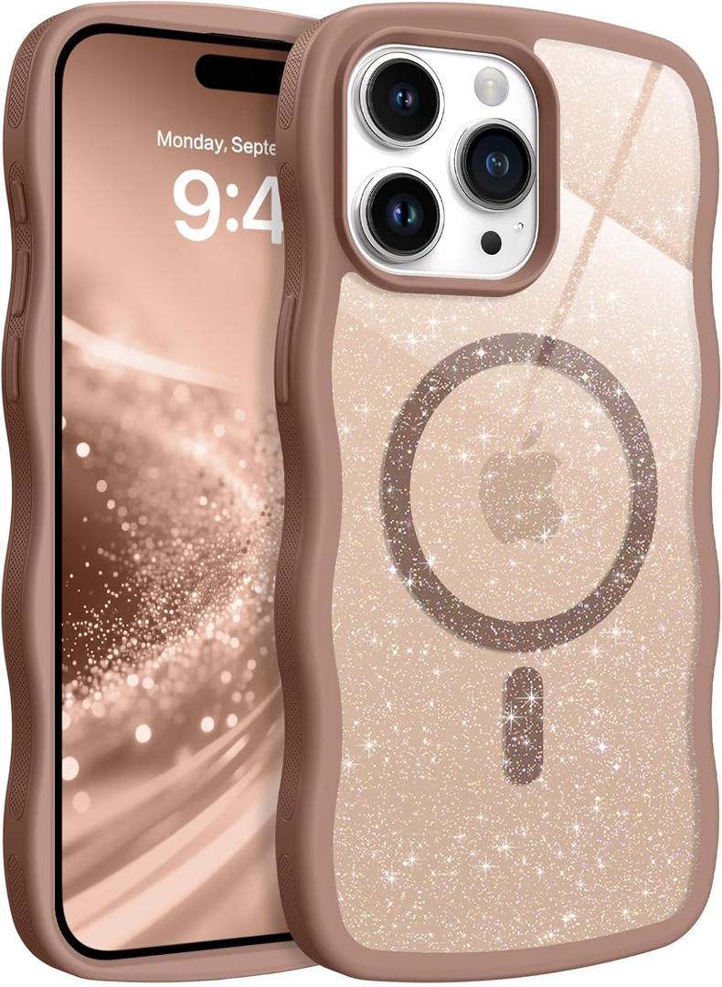 BENTOBEN for Magnetic iPhone 15 Pro Max Case, Cute Curly Wavy Frame Bumper [Compatible with Magsafe] Clear Glitter Sparkly Slim Shockproof Protective Girly Women Men Boys Phone Cover, Desert Titanium