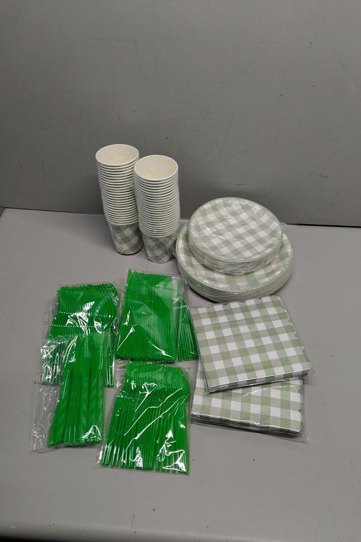 350 Pcs Sage Green Gingham Plates and Napkins Set, Sage Gingham Party Supplies with Paper Plates Napkins Cups Plastic Spoons Forks Knives for Wedding Picnic Baby Shower Decorations