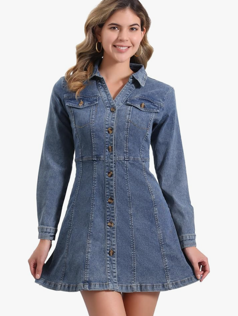 Allegra K Women's Denim Dress Button Down Collar V Neck Long Sleeve A-line Cotton Jean Dress S