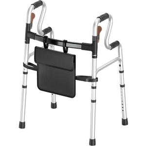 HOMLAND Folding Walkers for Seniors, Self-Standing Lightweight Aluminum Frame Standard Walker with Storage Bag, Height Adjustable, 350 lbs Capacity, No Wheels, Silver