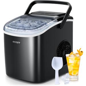 ecozy Portable Countertop Ice Maker - 9 Ice Cubes in 6 Minutes, 26 lbs Daily Output, Self-Cleaning with Ice Bags, Scoop, and Basket for Kitchen, Office, Bar, Party - Black