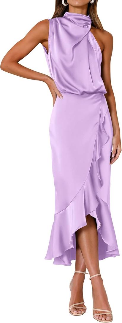 KIRUNDO Women 2025 Summer Fall Satin Mock Neck Wedding Guest Party Cocktail Midi Dress Sleeveless Wrap Ruffle Formal Dresses (Purple, S)