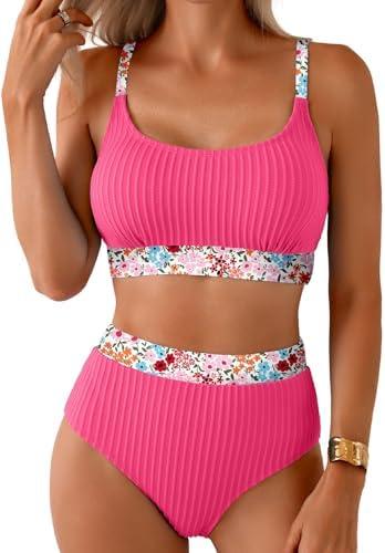 Herseas Women's Textured Bikini Sets Floral Print Trim Scoop Neck Swimsuits High Waisted Bathing Suits, M