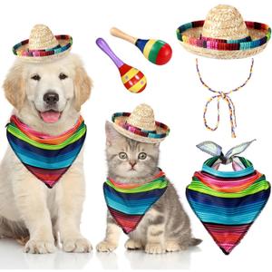 Saintrygo 4 Pcs Dog Sombrero Hat Set for Cinco De Mayo, Pet Mexican Costume with Bandana Scarf and Wooden Maracas, Fiesta Party Accessories for Dogs and Cats