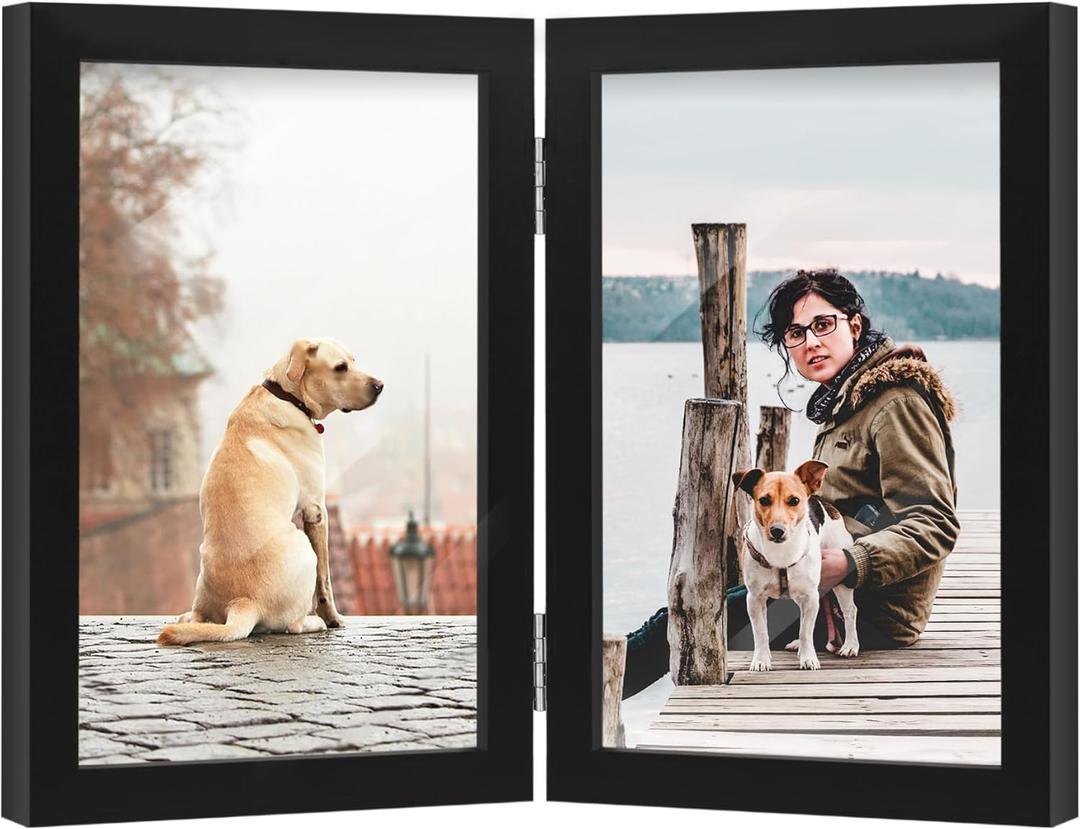 FOREV 4x6 Double Picture Frame Wooden Hinged Photo Frame Definition Glass Stand Vertically on Desktop or Tabletop Black