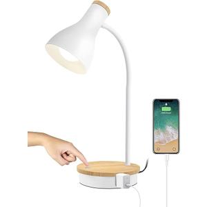 Metal Desk Lamp Table Lamp Reading Lights Arc Desk Lamps for Bedroom, Wood Base Bedside Lamp with Flexible Gooseneck for Study Room and Office (Wood Base+White)
