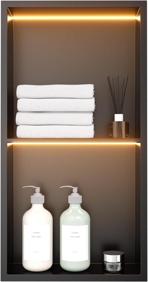 12" X 24" Stainless Steel Shower Niche with LED Lights, Matte Black Double Shelves Recessed Shower Niche No Tile Needed for Bathroom/Bedroom Storage, W12" x H24"