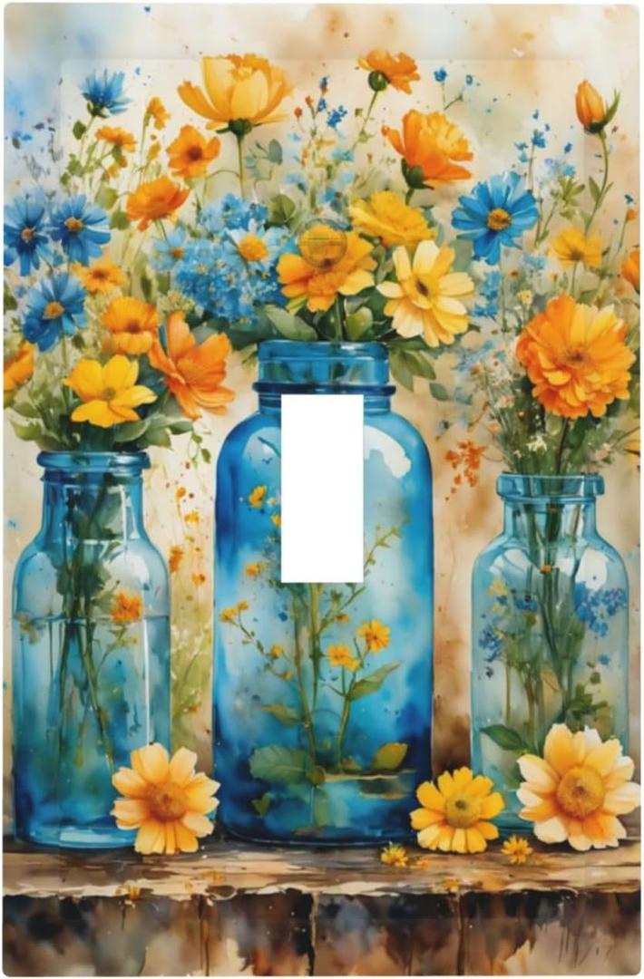 Decorative Switch Covers Plate Rustic Yellow Flowers Floral Blue Bottles 1 Gang Wall Plate Oversized Single Toggle Wall Cover Plate Jumbo Electrical Light Switch Plate Faceplate (1-Gang Toggle/ 5 x 3 IN)