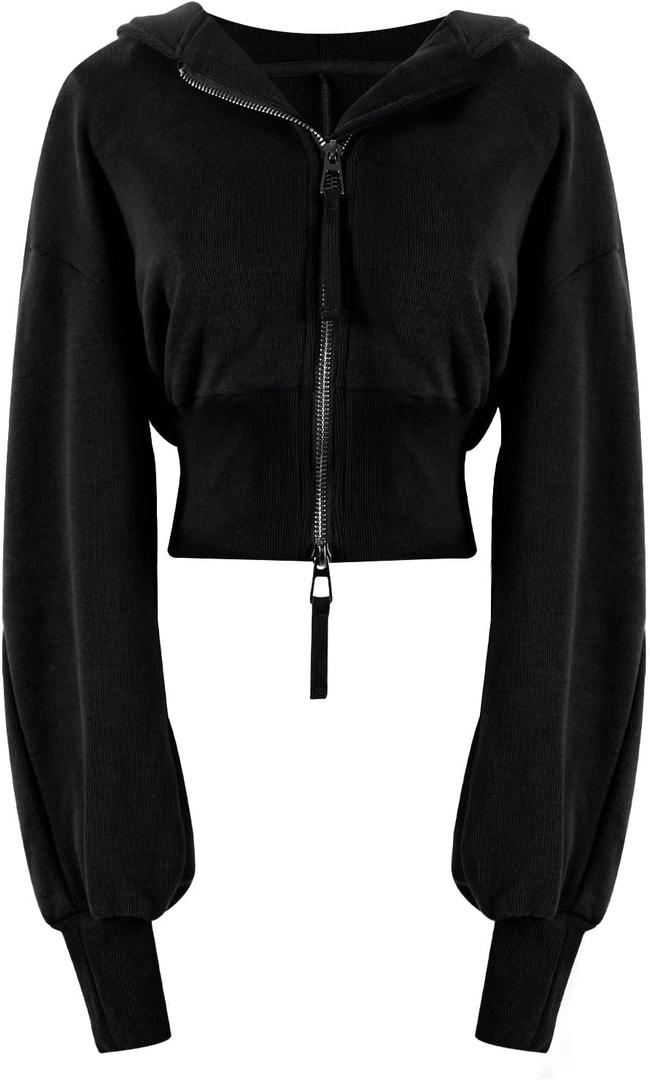 Arssm Cropped Hoodie Women Zip Up Long Sleeve Sweatshirts Casual Fashion Hooded Workout Jacket Crop Top (Small, Black)