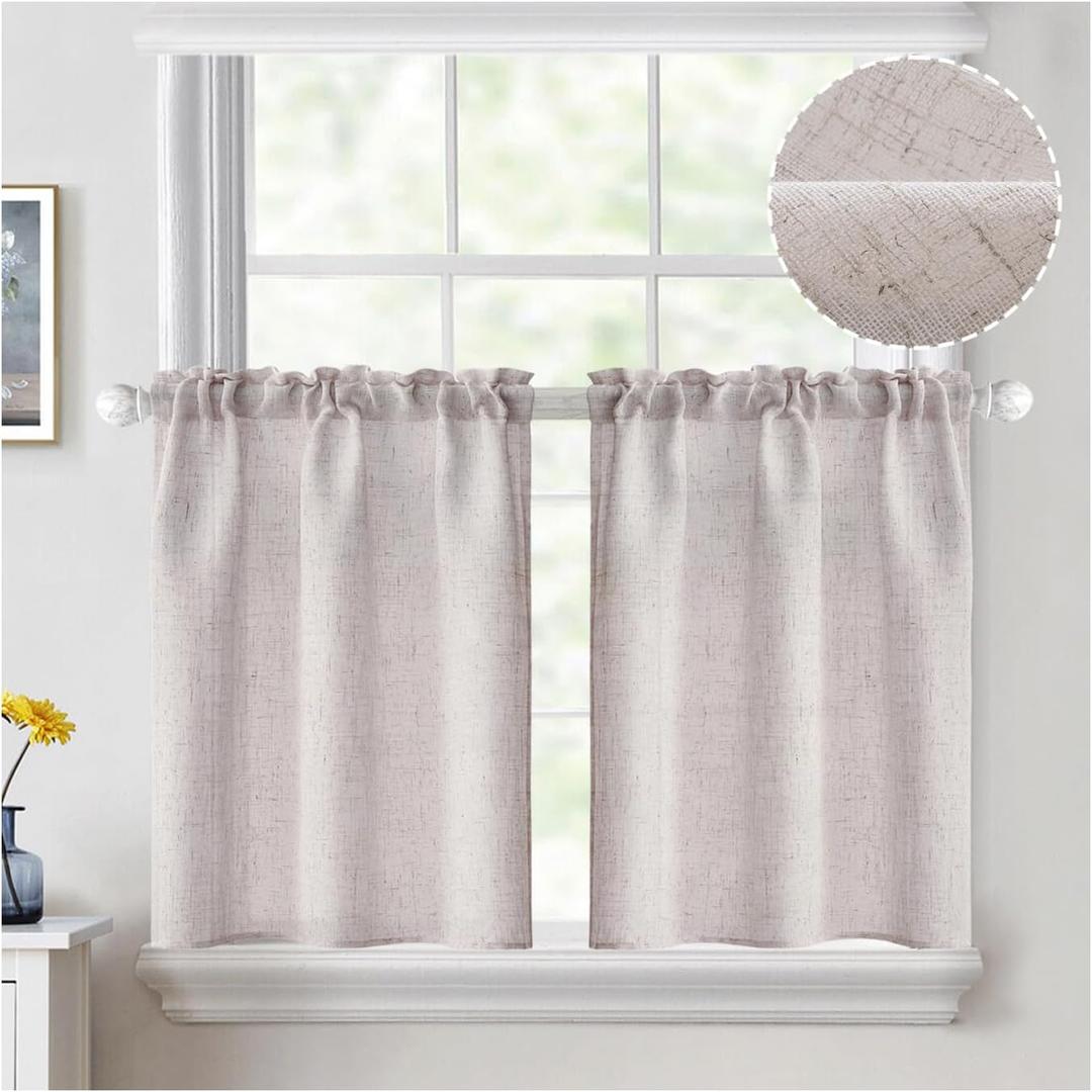 MIULEE Cafe Curtains 24 Inch Length Light Filtering Small Drapes, Farmhouse White Short Semi Sheer Linen Curtain for Kitchen Bathroom Basement Half Window, Rod Pocket Tier Curtains 2 Panels W26XL24