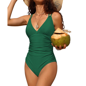 Charmo Tummy Control One Piece Swimsuits for Women Ruched Bathing Suits Strappy V Neck Monokini, L