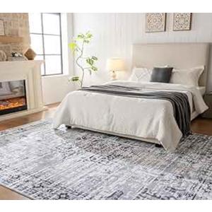 QOTIB 8x10 Washable Area Rug Vintage Distressed, Low Pile Large Rug with Non Slip Backing & Reinforced Edges, Ultra Soft Foldable Indoor Carpet for Living Room, Bedroom, Dining Room, Office, Grey