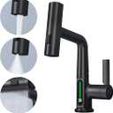 BARROCK Waterfall Bathroom Faucets with Sprayer, Modern Pull Down/Out Bathroom Sink Faucet with Celsius Digital Temperature Display, Height Adjustable Basin Mixer Tap No Battery Needed, Matte Black