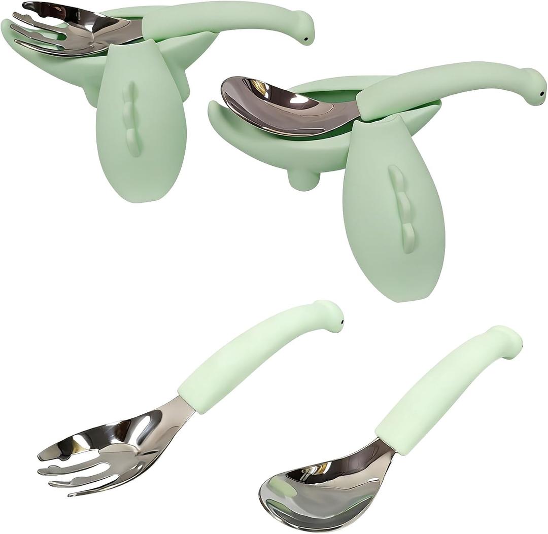 Baby Toddler Fork and Spoon Utensil Set, 4 Pack, Green Dinosaur | Silicone, Stainless Steel, Dinosaur