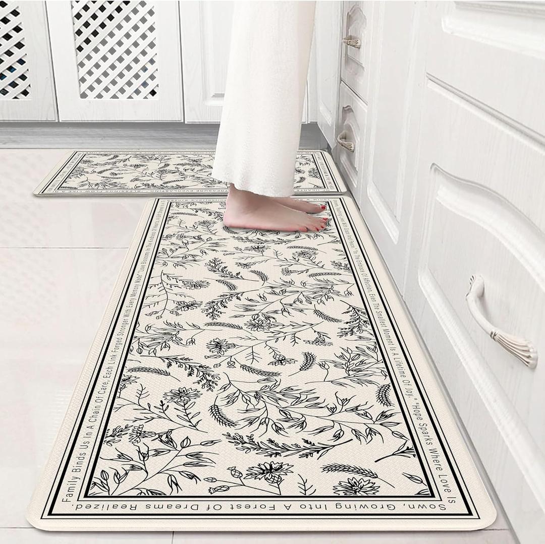 Beige Minimalist Black Line Art Herb Leaves Kitchen Rug Sets [2 PCs], Anti-Fatigue, Waterproof Non-Slip Kitchen Mats Heavy Duty Comfort Foam Rug for Kitchen, Floor, Laundry,17"x29"+17"x47"